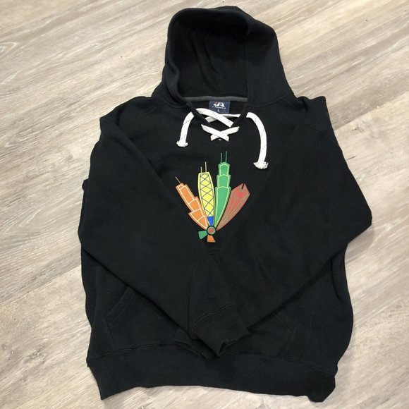 J America Other - J America Blackhawks Mens Size Large Black Skyline Hoodie Hockey Lace Sweatshirt